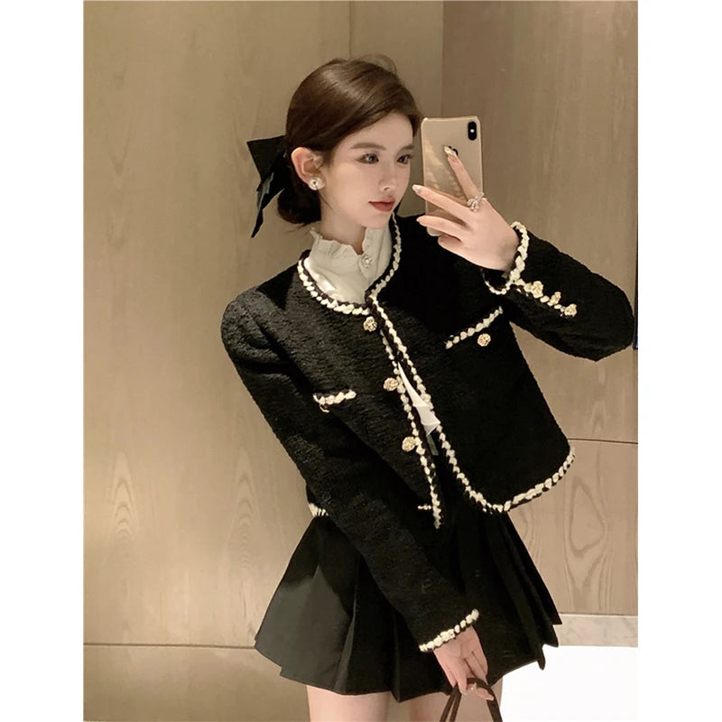 Vintage Tweed Jackets Women Elegant Black Cropped Suit Coat Korean Thicken Blazer Single Breasted Short Outerwear Tops New