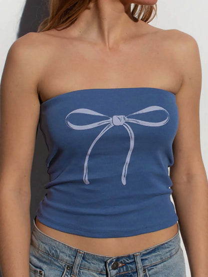 Bow Print Cute Y2K Strapless Tube Top Women 2000s Kawaii Crop Top Summer Streetwear