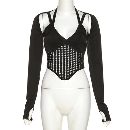 Halter Crop Top Long Sleeve Cut Out T Shirt Y2k V Neck T Shirts Crop Cami Top Bustier Corset Tank Camisole Tops