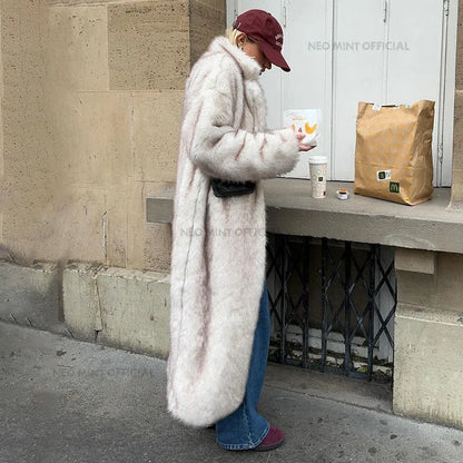 Vintage Luxury Long Faux Fox Fur Coat Women  Winter Warm Fluffy Fur Jacket Female Street Furry Outerwear Overcoat