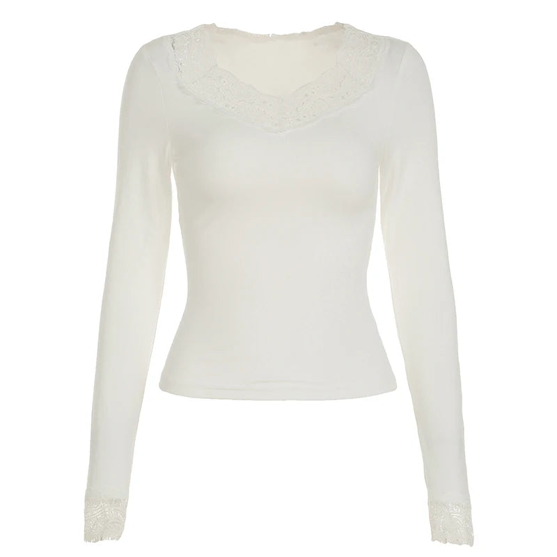 Solid Sweet Lace Trim V-Neck Women¡¯s Top Long Sleeve Balletcore Slim Autumn Trendy New T-Shirt Fashion All-Match Basic