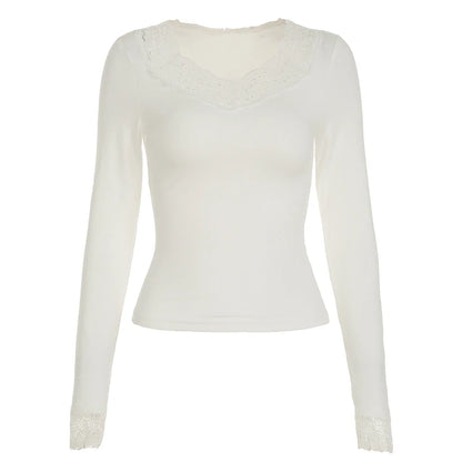 Solid Sweet Lace Trim V-Neck Women¡¯s Top Long Sleeve Balletcore Slim Autumn Trendy New T-Shirt Fashion All-Match Basic