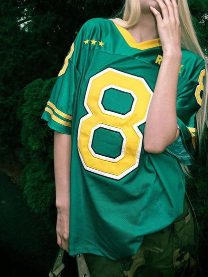 Figure Print Green Short Sleeve Casual Loose Football Jersey T Shirt Women Contrast Patchwork V Neck Stripe Red Summer Long Tees