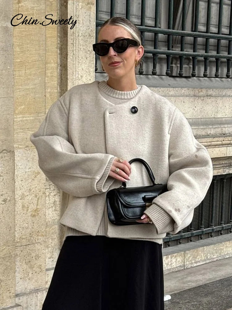 Elegant Solid Woolen Blend Jacket For Women Fashion Button O-neck Long Sleeve Coat  New Autumn Winter Commute Warm Outwear