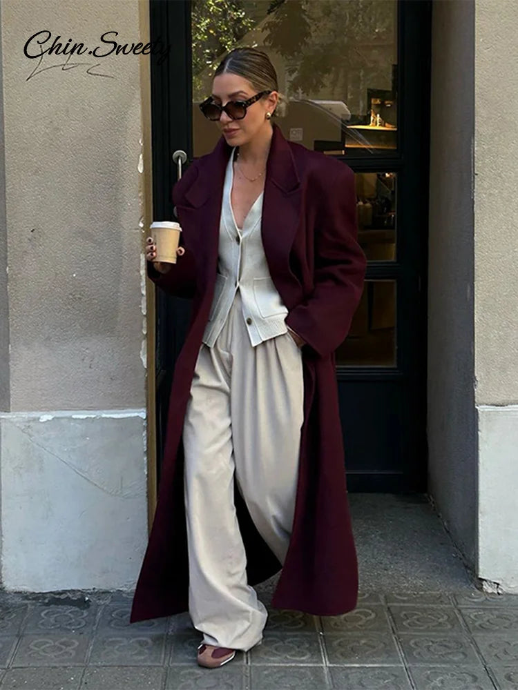 Fashion Burgundy Red Woolen Long Coat Women Oversized Shoulder Pads Full Sleeve Double Breasted Overcoats Autumn Lady Streetwear