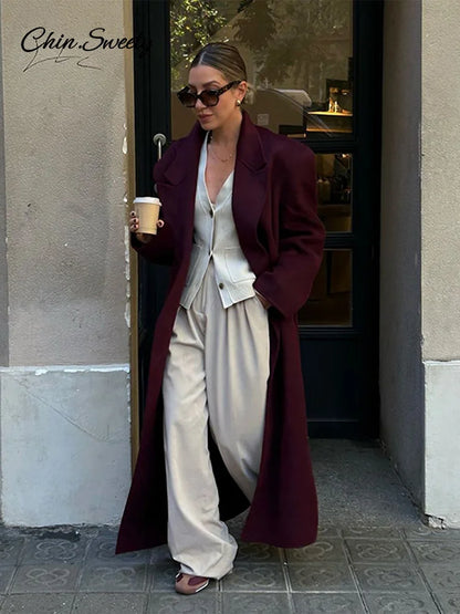 Fashion Burgundy Red Woolen Long Coat Women Oversized Shoulder Pads Full Sleeve Double Breasted Overcoats Autumn Lady Streetwear