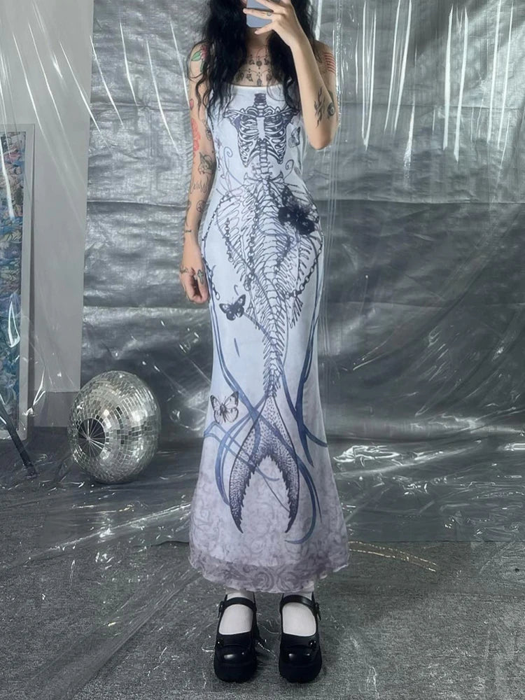 Print Goth Y2K Spaghetti Straps Dress Women Aesthetic Mermaid Summer Dresses