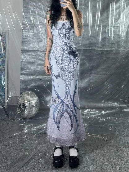 Print Goth Y2K Spaghetti Straps Dress Women Aesthetic Mermaid Summer Dresses