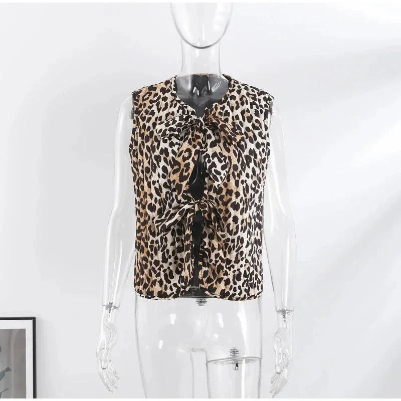 Leopard Waistcoat y2k Clothes Round Neck Sleeveless Tie Up Cardigan Tops 2000s Aesthetic Clothing Streetwear