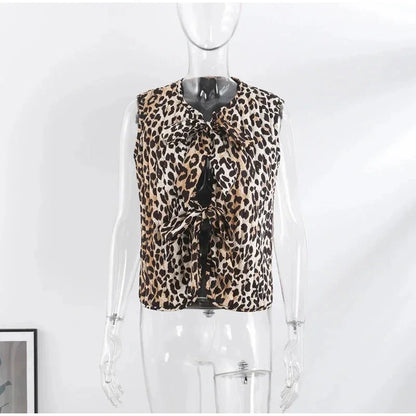 Leopard Waistcoat y2k Clothes Round Neck Sleeveless Tie Up Cardigan Tops 2000s Aesthetic Clothing Streetwear