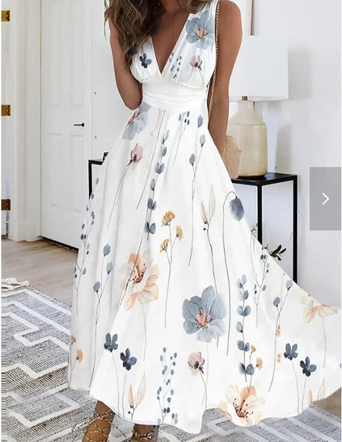 Summer Flower Printed Sleeveless Long Dresses Sexy V-neck Elegant Lady Party A-line Dress Fashion Chic Maxi Evening Vestidos New