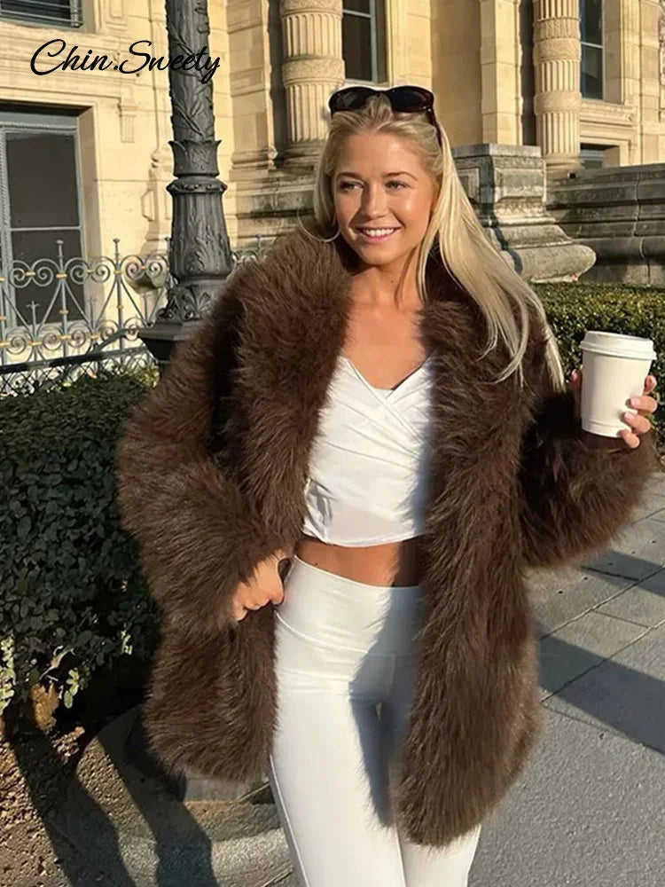 Luxury Brown Faux Fur Coats Women Fashion Full Sleeve Lapel Long Warm Jacket  Winter Fluffy Thick High Street Outerwear New
