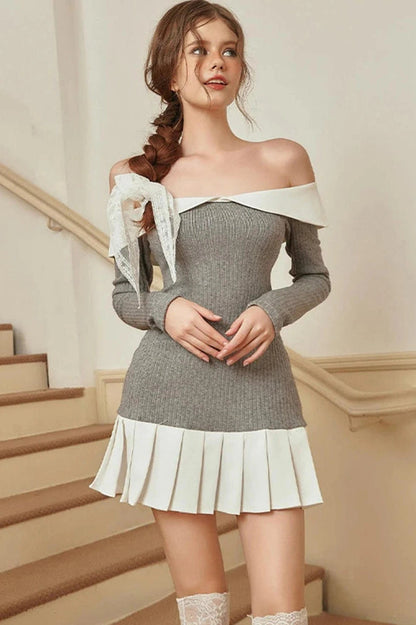 Pleated Patchwork Off-Shoulder Mini Dress with Long Sleeves