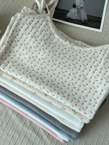 Floral Eyelet Bow Cotton Crop Tops Lace Trim Sleeveless Slim Tank Top Preppy Style Sweet Camisole Y2k Clothes