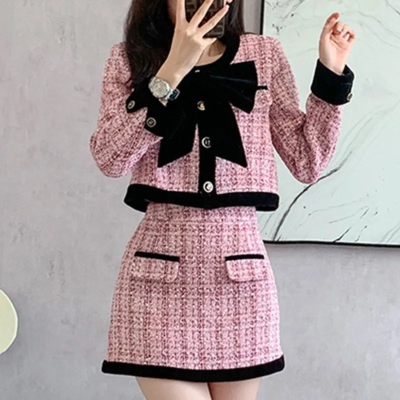 Autumn Winter Tweed Two-Piece Skirt Set Women Short Jacket Coat + Mini Skirt Suits Elegant Korean Fashion Female Outfits