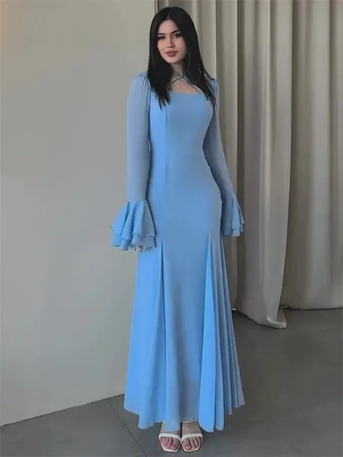 Fashion Autumn Ruffled Long Dress Women Bandage Slim High Waist Elegant Patchwork Party Dress Women’s Chiffon Maxi Dress
