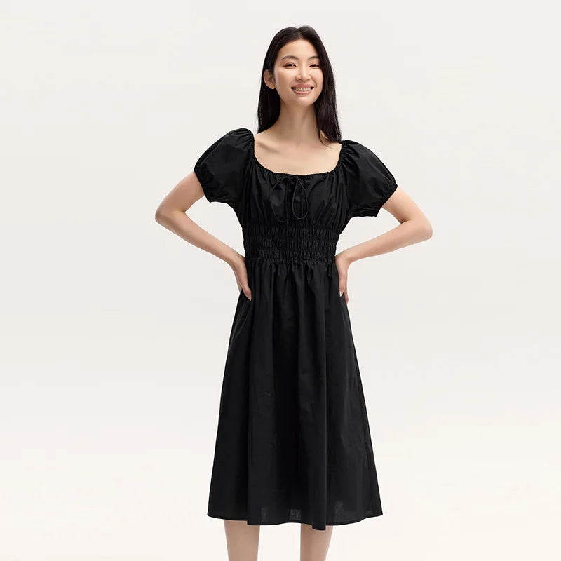 Dress Women Gentle And Elegant  Summer New French-Style Square Collar Waist Cinched Mid-Length Fresh