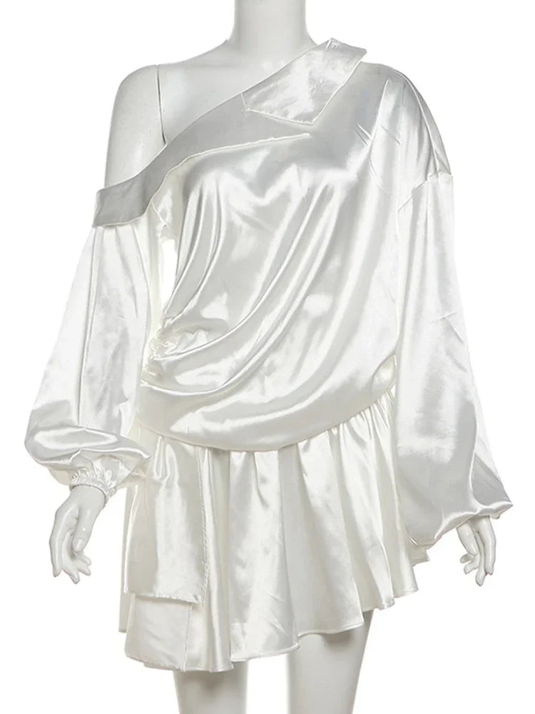 Elegant Draped Mini Dress For Women Sexy Backless Irregular Skew Collar Long Sleeve Party Dresses Solid High Waist