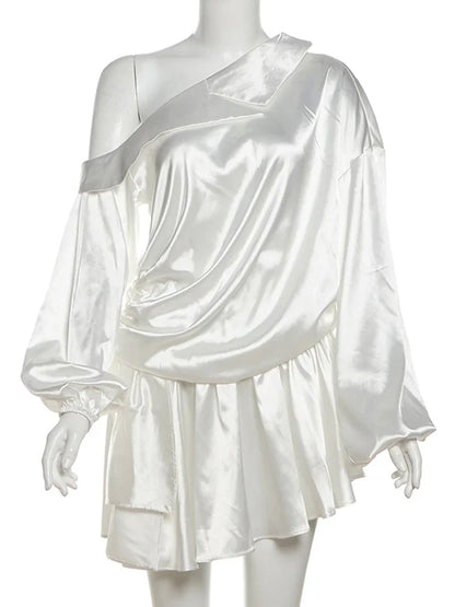 Elegant Draped Mini Dress For Women Sexy Backless Irregular Skew Collar Long Sleeve Party Dresses Solid High Waist