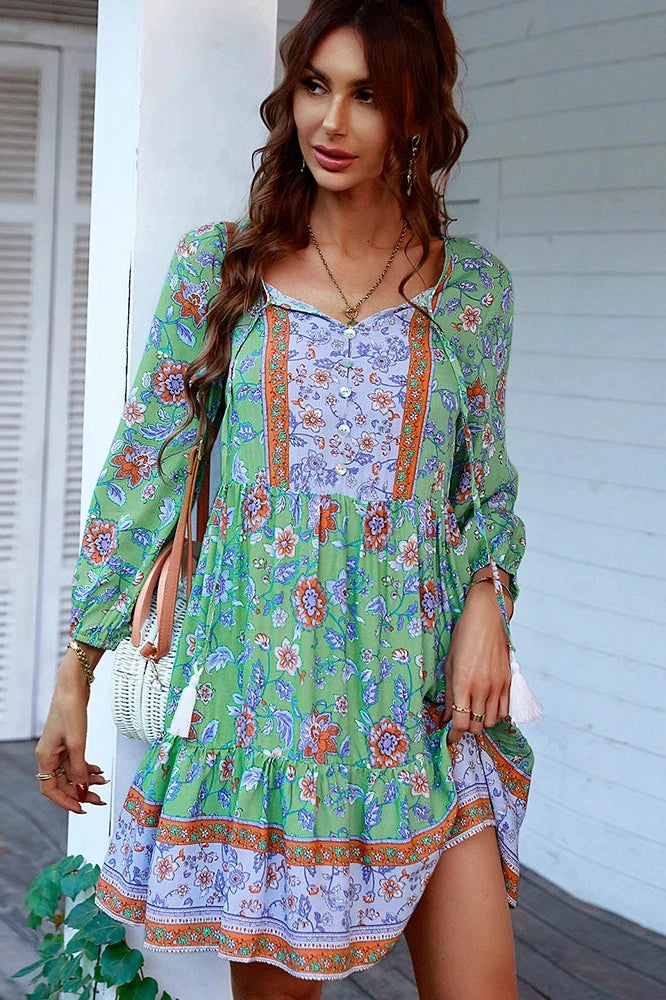 Elegant Printed Mini Dress with V-Neck Straps