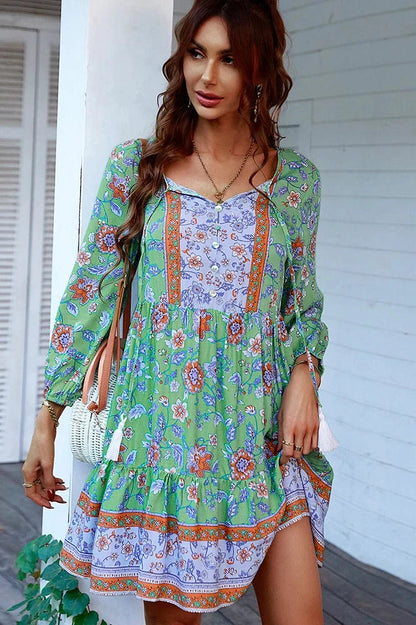Elegant Printed Mini Dress with V-Neck Straps