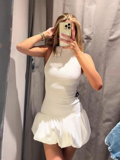 Elegant Solid Color Mini Dress For Women Knitted O Neck Sleeveless Backless Female Skirts  Summer New Chic Ladies Robe