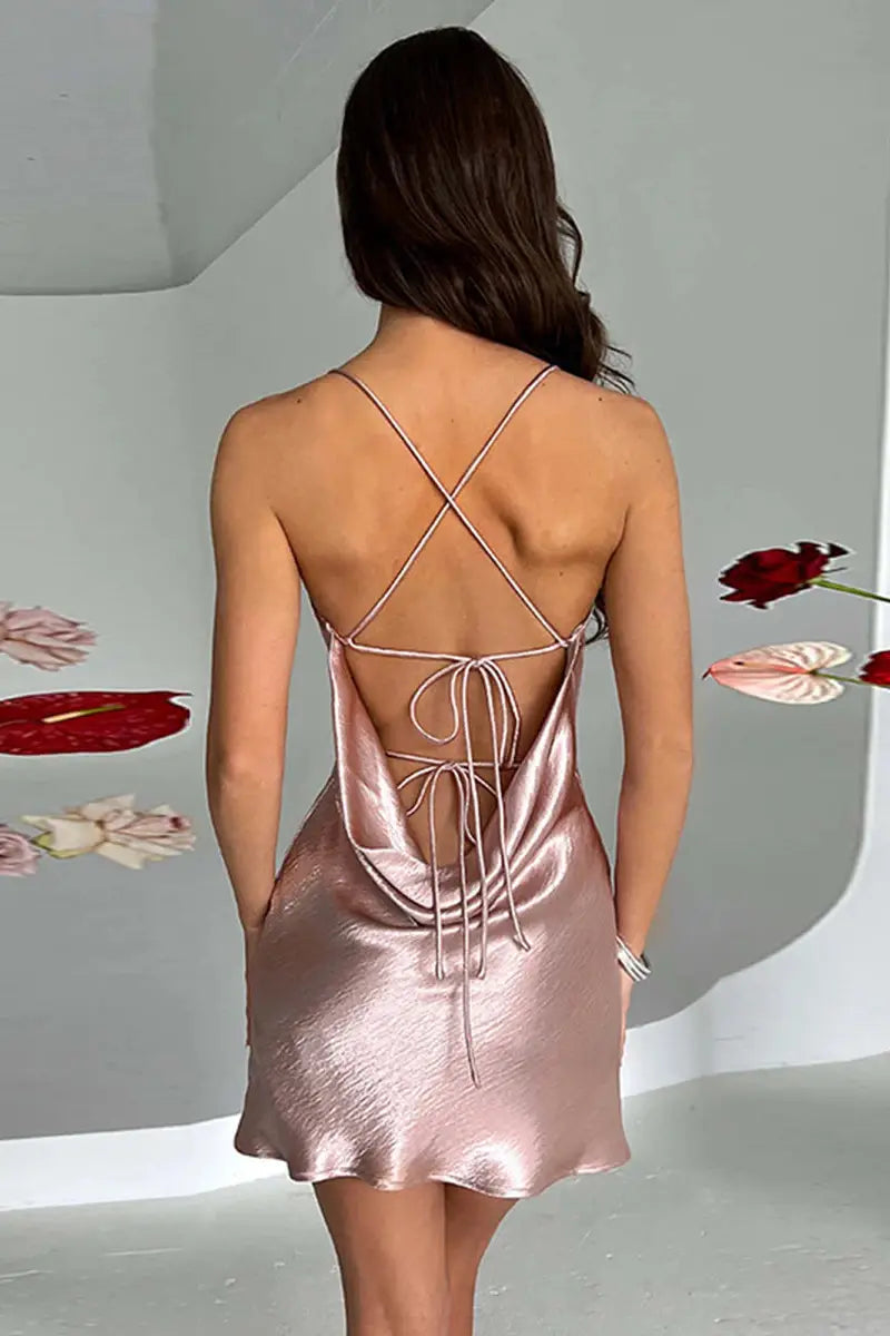 Satin Cross Backless Mini Dress