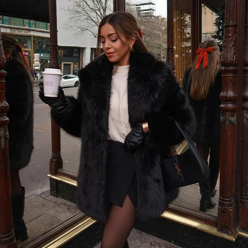 Lapels Faux Fur Coat Women  Winter Brand Designer Fluffy Fox Fur Jacket Luxury Furry Overcoats Girl Stylish Long Outerwear