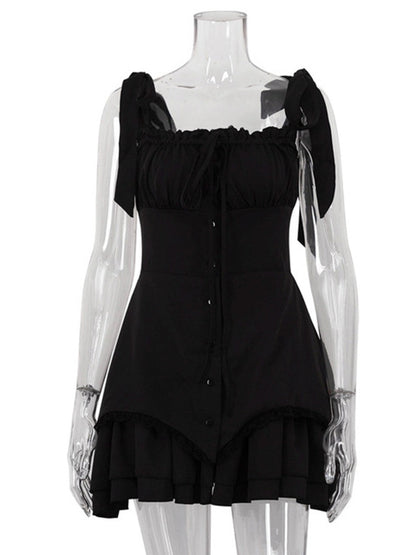 Sleeveless Ruffled Sexy Mini Dress For Women Robe Spaghetti Strap Backless Lace-up Bodycon Dress Elegant Clubwear