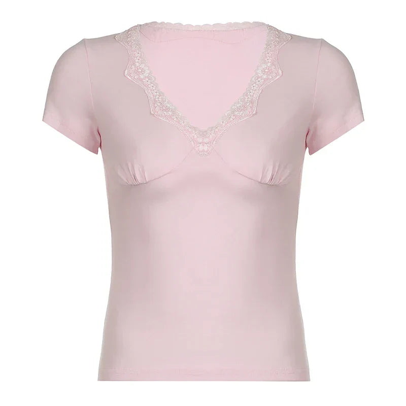 Voguable Kawaii Lace Patchwork V-neck Top Pink Casual Basic Short Sleeve T-shirts Sweet Japanese Style Y2K  Slim-fitting Tees