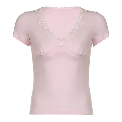 Voguable Kawaii Lace Patchwork V-neck Top Pink Casual Basic Short Sleeve T-shirts Sweet Japanese Style Y2K  Slim-fitting Tees