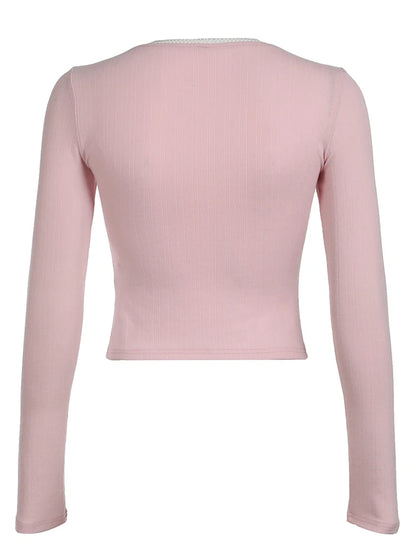 Japanese Kawaii Pink Slim Long Sleeve T-Shirt Women Contrast Patchwork Square Collar Sweet Basic Spring Autumn Top Tees