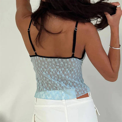 y2k Tops for Aesthetic See Through Floral Lace Spaghetti Strap Sleeveless Camisole 2000s Clothing Streetwear