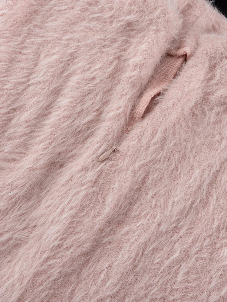 TRAUXY Autumn Winter Plush Knitted Suit Women’s Long Sleeve O-Neck Pullover Top Long Skirts Two Piece Sets Solid Female Elegant