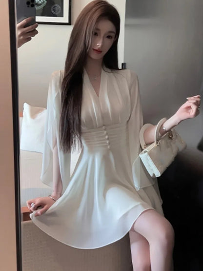 Elegant Solid Chiffon Short Dresses for Women V-neck Long Sleeve High Waist Ruffles A-line Korean Fashion One Piece Vestido New
