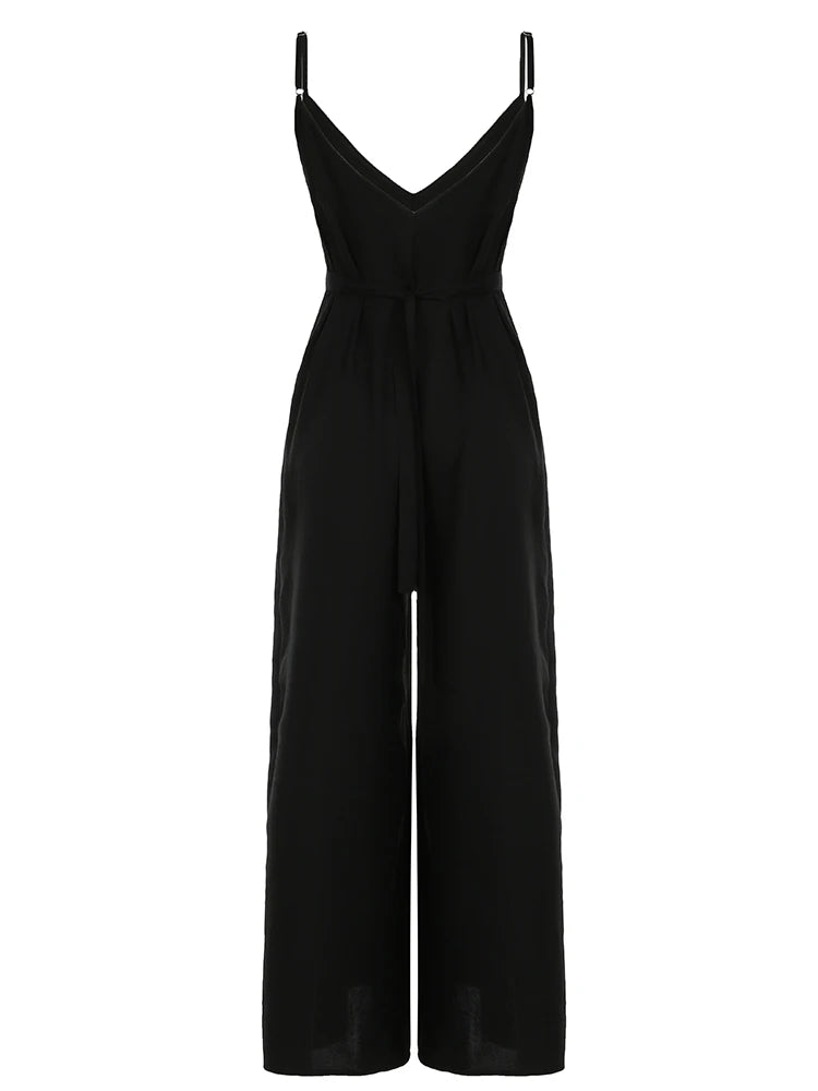 Sleeveless V Neck Loose Casual Black Boho Jumpsuits For Women Backless Vacation Wide Leg Rompers Womens Spaghetti Strap Overalls