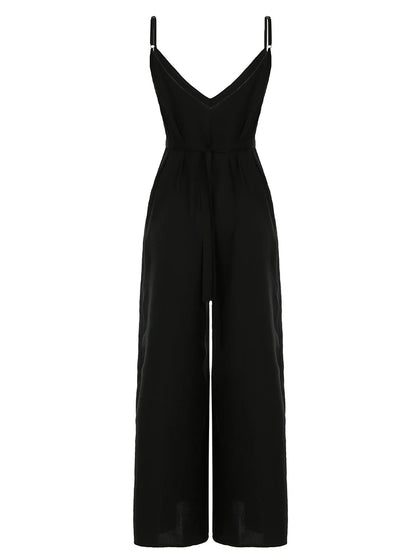 Sleeveless V Neck Loose Casual Black Boho Jumpsuits For Women Backless Vacation Wide Leg Rompers Womens Spaghetti Strap Overalls
