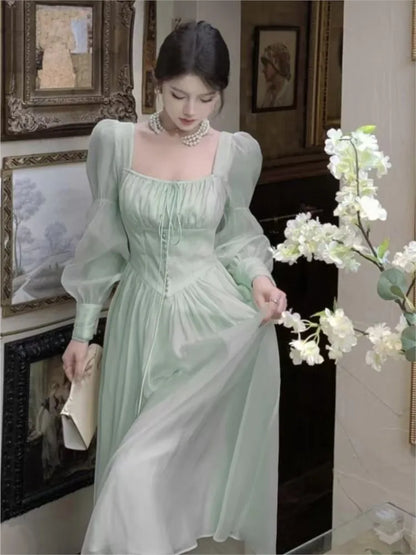 Autumn New Princess Midi Dresses for Women Square Collar Slim Waist Puff Sleeve Vintage Chic Female Clothing One Piece Vestido