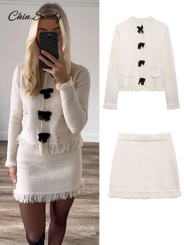 Fashion Tassel Knit Skirt Set Women Bow Buckle O-neck Long Sleeve Cardigan Sweater Mini Skirts Suit  New in Matching Outfit