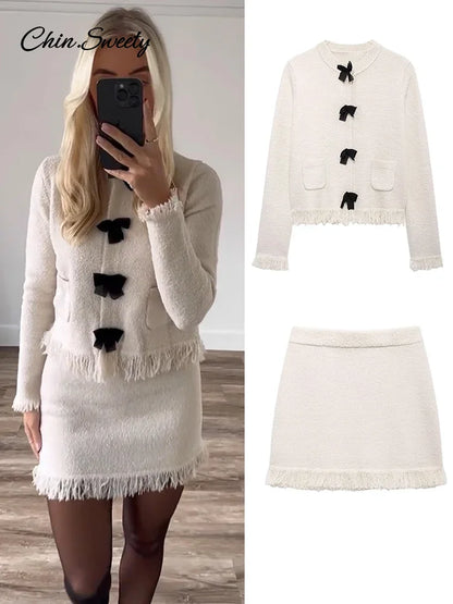 Fashion Tassel Knit Skirt Set Women Bow Buckle O-neck Long Sleeve Cardigan Sweater Mini Skirts Suit  New in Matching Outfit