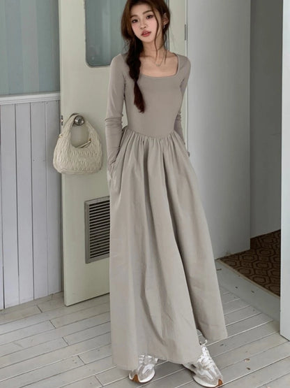 Casual Knitted Midi Dresses for Women Solid Long Sleeves Square Collar A-line Autumn New Elegant Dress Female Slim Vestidos