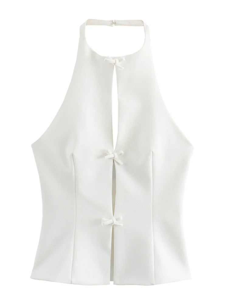 Tee Bow Hollow Out Summer Tank Top For Women Patchwork Slim Fashion Backless Halter Elegant Vest Women's Solid Top Vest