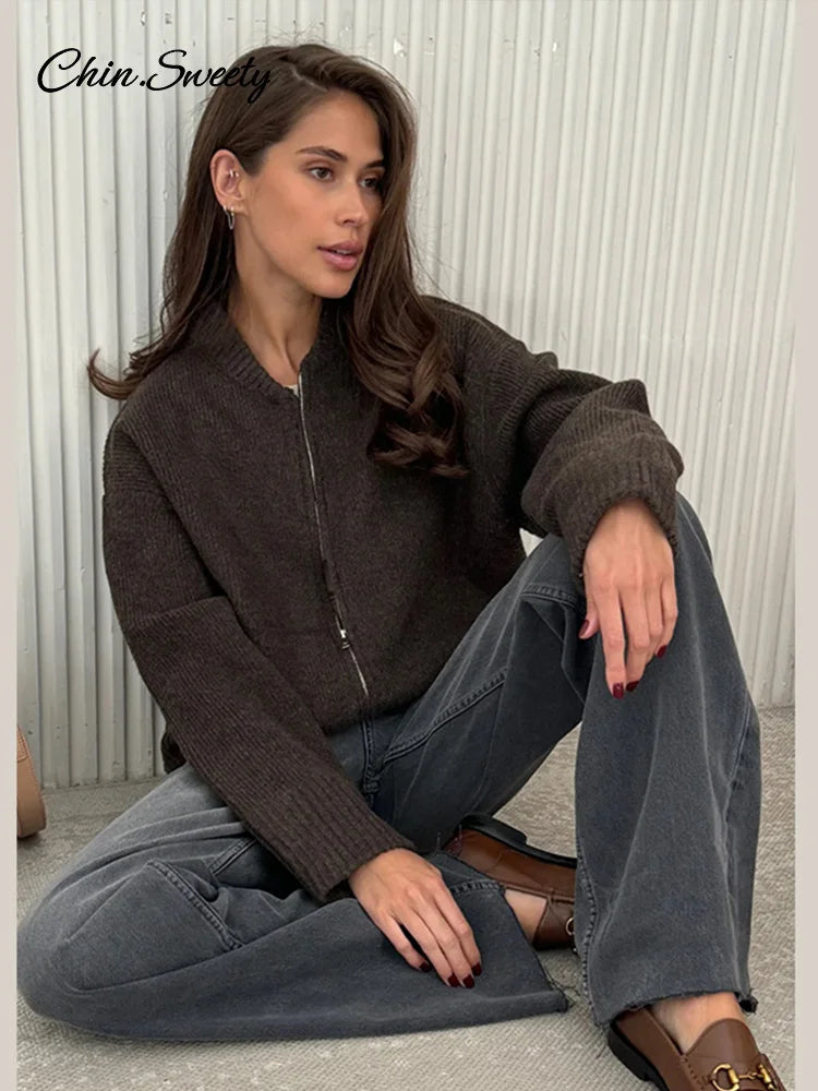 Autumn Winter Zipper O-neck Knitted Cardigans Women Solid Loose Long Sleeve Sweater Top  Fashion Lady All-matching Knitwear