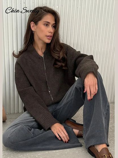 Autumn Winter Zipper O-neck Knitted Cardigans Women Solid Loose Long Sleeve Sweater Top  Fashion Lady All-matching Knitwear