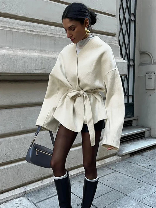 Lace-Up White V-Neck Overcoat Female Loose High Street Long Sleeve Autumn  Patchwork Coat Women&#8217;s Bandage Outwear New