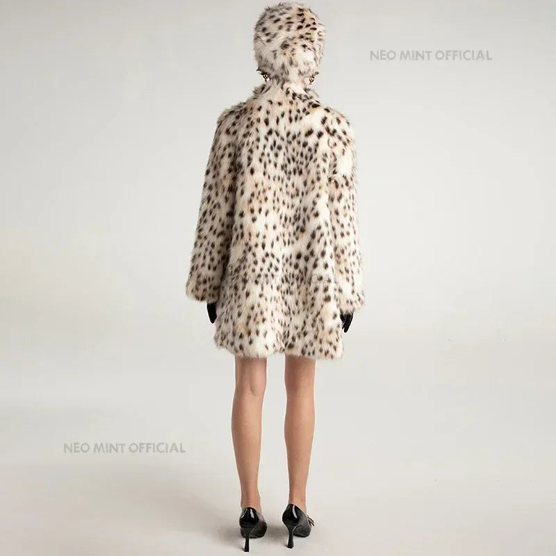 Winter Brown Leopard Fluffy Faux Fur Coat Women Luxury Stand Fur Collar Fox Fur Outerwear Jacket Female Overcoats