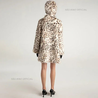 Winter Brown Leopard Fluffy Faux Fur Coat Women Luxury Stand Fur Collar Fox Fur Outerwear Jacket Female Overcoats