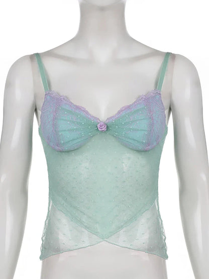 Voguable   Dot Print Lace Corset Flower Appliques Milkmaid See Through Crop Top Y2K Camis Transparent Aesthetic Tanks
