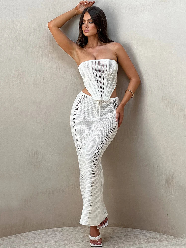 Strapless Lace Bandage Maxi Knit Set