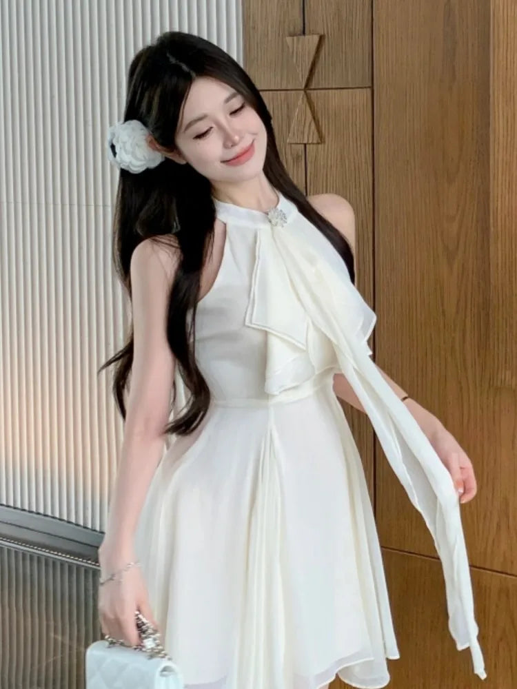 Elegant Halter Ruffles Short Dresses for Women Diamond Sleeveless A-line Sexy Evening Party Dress Prom Korean Chic Vestido Mujer